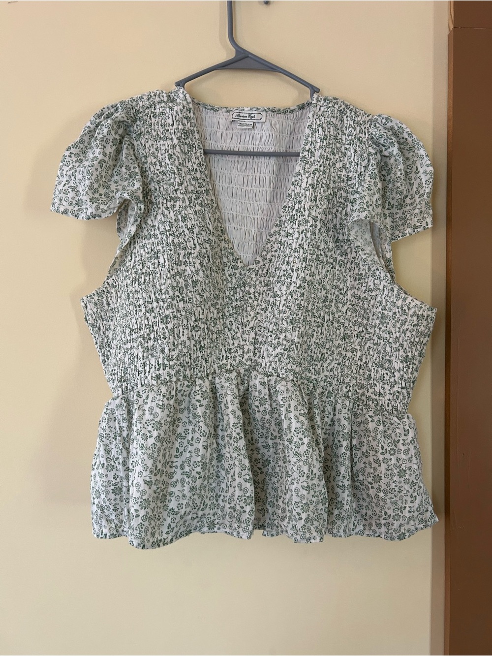 American Eagle Outfitters White and Green Floral Smocked Peplum Top